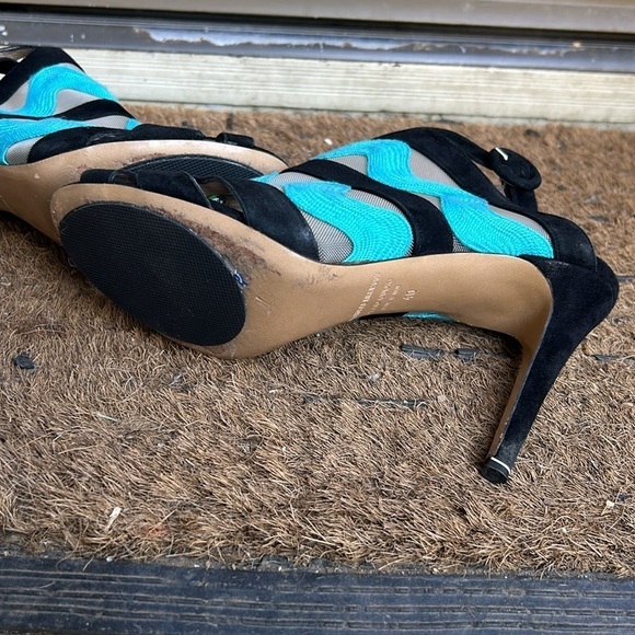 Nicholas Kirkwood Black and Turquoise Mesh Heels High Heel Peep Toe Sandals 40 - Picture 8 of 9